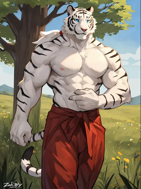 (((Detailed anatomy, detailed eyes detailed body detailed face, best quality, high resolution))), solo, 1male, white furs, White Tiger, muscular, adult body, white furs, blue eyes, white messy long ponytail hair, shirtless, red hakama pants, in the field, ...