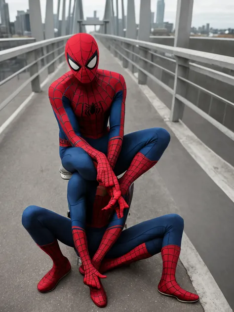 Spiderman wearing supreme and sitting on the top of the bridge being sad