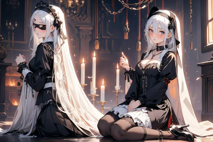 best quality, masterpiece, solo, 1 girl, nun, white hair, long hair, medium breasts, cleavage dress, gothic lolita, black silk stocking, high heels, hair ribbon, black blindfold, cross necklace, collar, chains, handcuffs, nose blush , kneeling, indoor, cas...