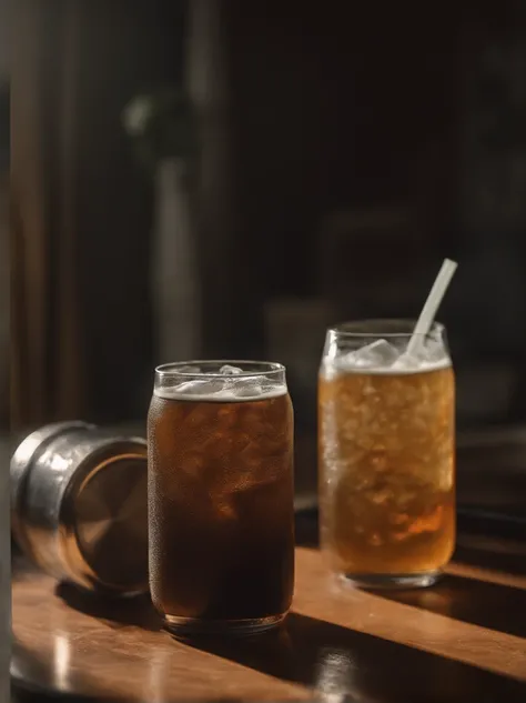 There is a can of soda next to a glass of water, photorealism, photorealistic octane 3d render, photoreal octane rendering