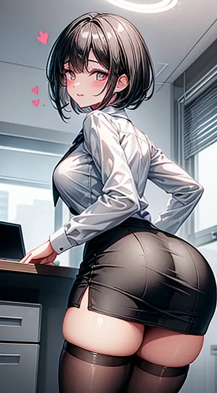 1girl, (office worker), (looking back:1.6) ,  (from behind view), one hand on a desk, (lifting  her  skirt up ,  panties aside),  (voluptuous lips), smiling full of delight, smiling full of compassion , (kissing face, incoming kiss), half opened mouth, (he...