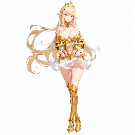 ​masterpiece、top-quality、ighly detailed、hight resolution、１６ｋ、fullnude、teats、Boob proportions、golden armour、Very thin skirt、Black pants、Full body like、Very white skin、Beautiful fingers、Anime girl with very big breasts posing naked、Perfect Style、elvish、no-br...