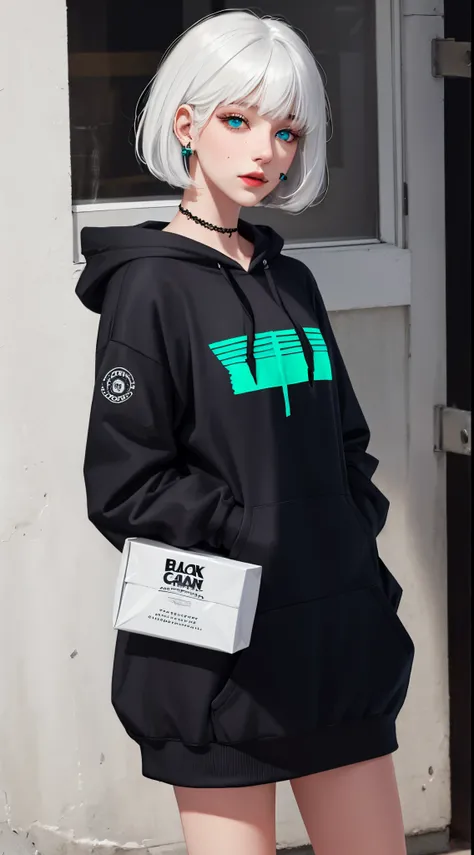 Black cat ear hoodie, white hair bob, emerald green mesh, blue eyes, cigarettes