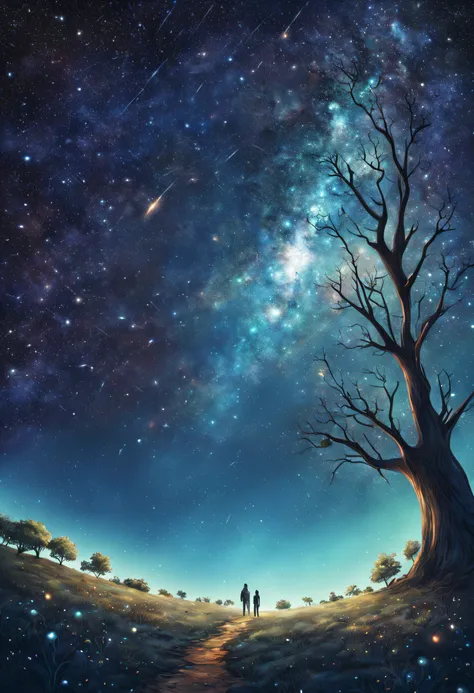 A beautiful view of space, galaxy and stars lying under a tree, its very detailed and textured