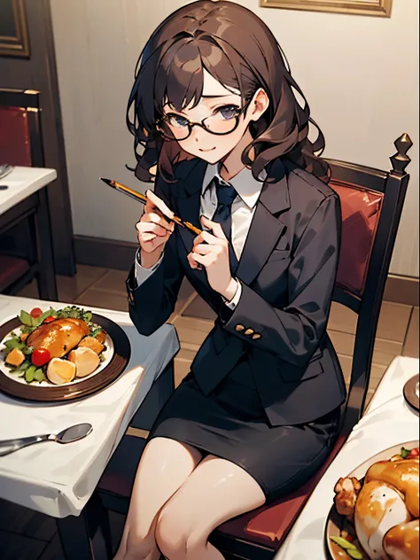 (masterpiece:1.3), (best quality:1.3), beautiful, solo, girl in sitting in dining room, food in table, (turkey chicken dish:1.2), thanksgiving days, wear office suit, light purple shirt, pencil skirt, tie, glasses, dark hair, short hari, wavy hair, happy, ...