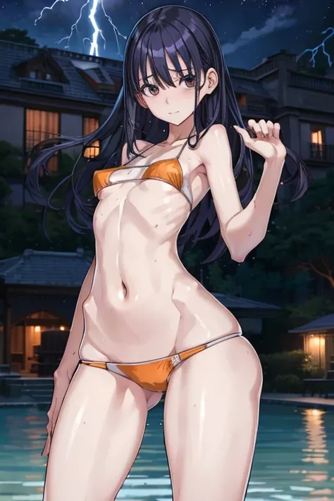 masutepiece,Best Quality,Ultra-detailed,High resolution,Unity 8k壁纸,super detailed skin,Cinematic lighting,Beautiful detailed eyes,Ideal ratio body proportions,(Small breasts:1.4), bikini of, underboob, Small bikini,((slim)), Thin, an hourglass figure, Tone...