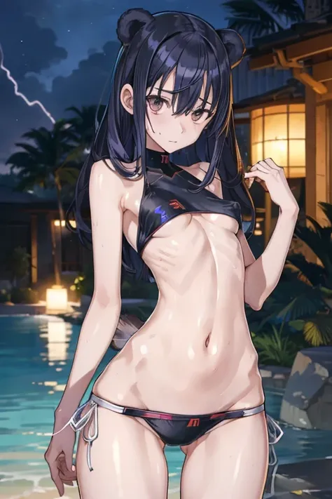 masutepiece,Best Quality,Ultra-detailed,High resolution,Unity 8k壁纸,super detailed skin,Cinematic lighting,Beautiful detailed eyes,Ideal ratio body proportions,(Small breasts:1.4), bikini of, underboob, Small bikini,((slim)), Thin, an hourglass figure, Tone...