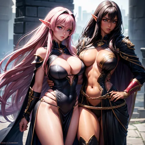 (best quality,4k,highres), (realistic:1.37), (anime), (dark elf), (female warrior), (tall and fit body), (exposing outfit), (pink long hair), (charming and confident), (brown skin), (black long cloak), (provocative curves), (well-defined facial features), ...