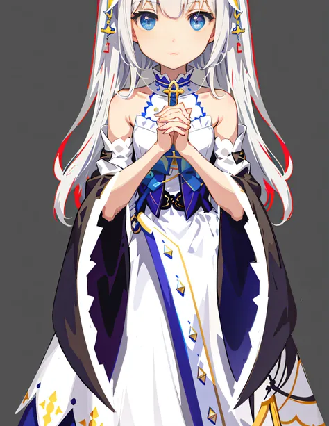 wears a white dress、Anime girl in blue cloak and sword, white-haired god, loli in dress, azur lane style, Anime cute art style, 《Azure route》人物, Translucent liquid comes from《Azure route》videogame, Cute anime waifu wearing nice clothes, Official character ...