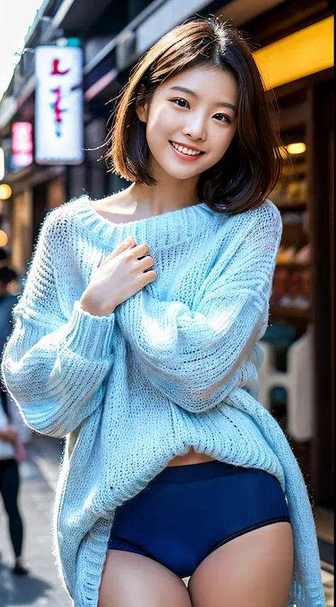 ((large loose white sweater))、short-hair、(((Dark blue wool panties)))、((1人))、(((Sugamo shopping street)))、((Glamour))、(((Beautuful Women)))、((Doing sexy poses))、((A slight smil))、Photorealsitic、Beautiful detailed eyes、Hyper-Realism、highcontrast、Ultra HD、re...