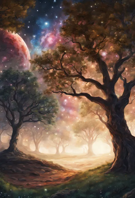 A realistic beautiful view of space, galaxy and stars lying under a tree, its very detailed and textured