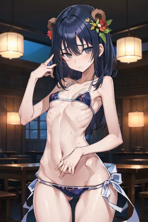 masutepiece,Best Quality,Ultra-detailed,High resolution,Unity 8k壁纸,super detailed skin,Cinematic lighting,Beautiful detailed eyes,Ideal ratio body proportions,(Small breasts:1.4), bikini of, underboob, Small bikini,((slim)), Thin, an hourglass figure, Tone...