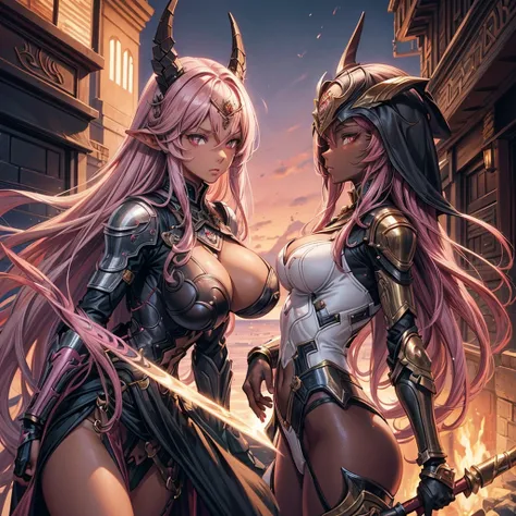 Brown skin，Pink Long Hair，heroic look，dark elves，Female swordsman，Long black cape，Tall，Bumpy，scantily clad，Two-dimensional style，Big breasts and buttocks，Expose half milk，The facial features are so handsome，Knights of the Demon Realm，Ingrid，Brown skin，