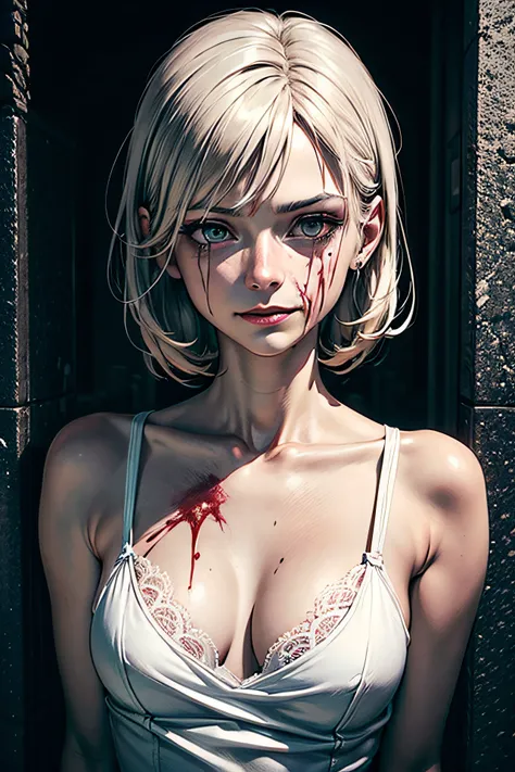 corpse, sinister, female, thin, pale, looking at the camera, ultra realistic, fully detailed, cemetery environment, bright eyes, white dress torn and stained with blood, bones exposed, putrid wounds, sensual, terrifying, bruised by the body, exposed fractu...