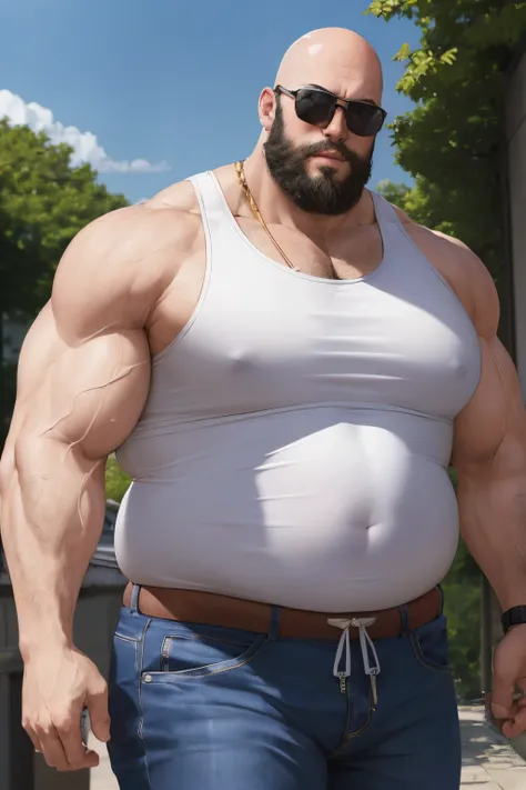 (masutepiece, Best Quality, Ultra-realistic）Very large body、Bald、wears sunglasses、Crisp look、Tank Tops、Muscles are visible even through clothes、Bulging crotch、Plump body、sexy  pose、White beard、Erotic posture、Body disparity