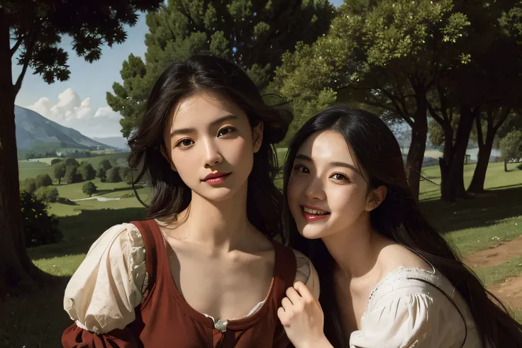 Poussin-style landscape,A smile,,Sweet and seductive appearance.、Caravaggios paintings、Chiaroscuro of Caravaggio、Hair disheveled in the wind,Two women frolicking,Cute smile, Expression of ecstasy