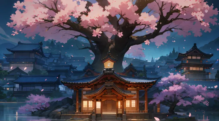 Huge cherry blossom tree，japanese temples，Anime background art，Japan Art Style，beautiful anime scenery，dreamy garden，Japan Village，A beautiful artistic illustration，Detailed explanation of landscape art，landscape artwork，beautiful anime scenes，Anime landsc...