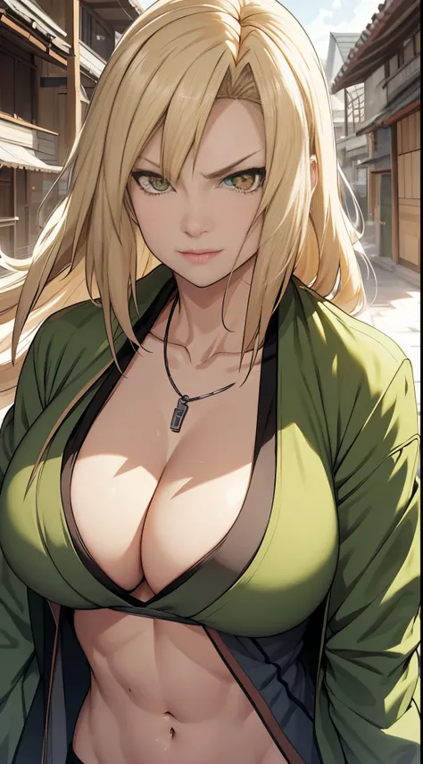 tmasterpiece，blond hairbl，Green coat，Golden eyes，angry，slightly fat big breasts，Be red in the face，Headwinds and sagging，best qualtiy，The is very detailed，Bust photo，Get close to the lens，Top-down view，with a good figure