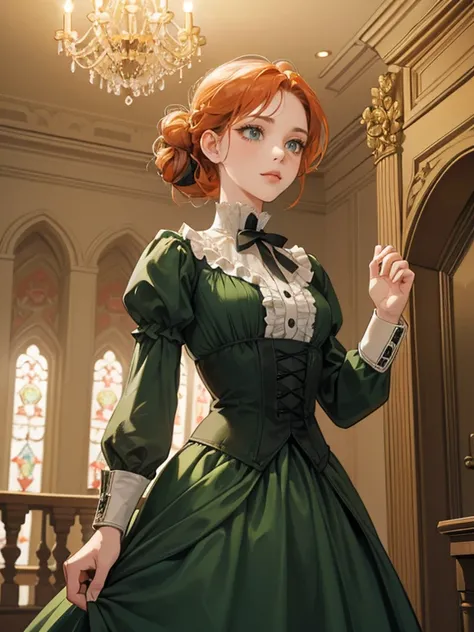 (absurdres, highres, ultra detailed), 1 woman, solo, (1 female with red-orange hair styled in victorian updo, wearing dark-green victorian evening dress, minimal make up, green eyes, expression: flat, sad, looking down at the floor)(pose: curtsy, holding h...