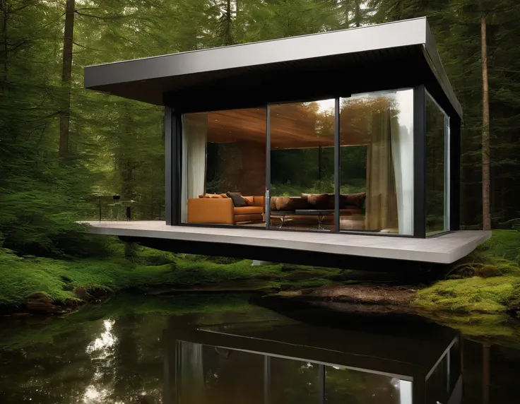 Exterior image of a tiny house house in a Scandinavian nature, duplex, minimalistic, (((standing wood and glass mirror panels))), avantgarde, sci-fi, science fiction, waterfall, panorama glass windows, forests, waterfall inside atrium, rocks, futuristic, f...