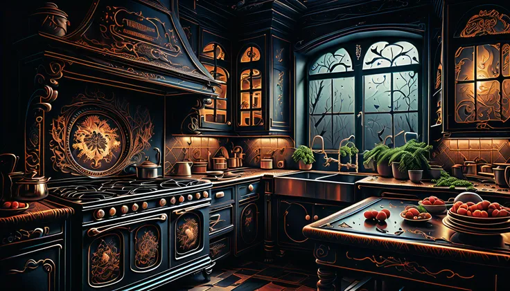 (((stunning extremely detailed illustration of spooky kitchen appliances:1.3))), (((with creepy chef:1.3))), (((graphic windows interface:1.3))), cute appliances is a true masterpiece, creepy refrigerator, awe stove, pretty toaster, expertly rendered fear ...