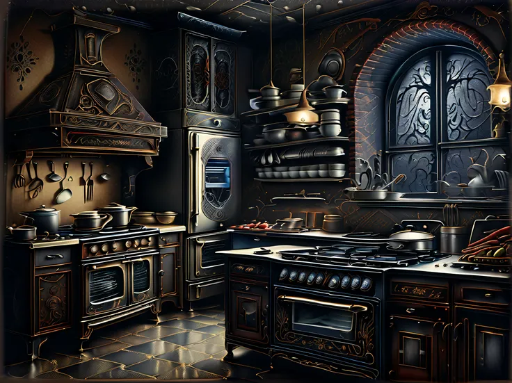 (((stunning extremely detailed illustration of spooky kitchen appliances:1.3))), ((with creepy chef:1.3)), (((graphic windows in...