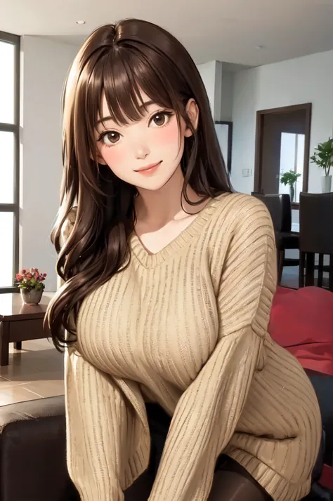 1lady standing, /(oversized sweater/) v-neck, mature female, /(brown hair/) bangs, blush kind smile, (masterpiece best quality:1.2) delicate illustration ultra-detailed, large breasts pantyhose BREAK /(modern house living room/) indoors