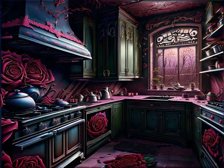 (((stunning extremely detailed illustration of spooky kitchen appliances:1.3))), ((with creepy chef:1.3)), (((withered rose water bottle graphic interface:1.3))), cute appliances is a true masterpiece, creepy refrigerator, awe stove, pretty toaster, expert...