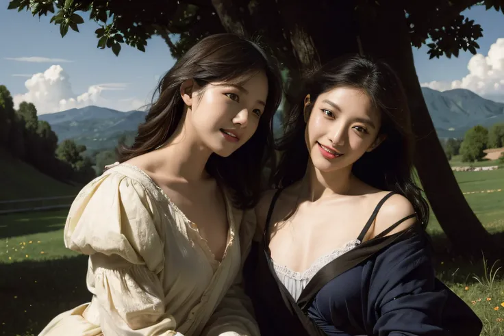 Poussin-style landscape,A smile,,Sweet and seductive appearance.、Caravaggios paintings、Chiaroscuro of Caravaggio、Hair disheveled in the wind,Two women frolicking,Cute smile, Expression of ecstasy