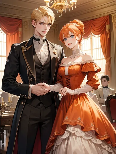 (absurdres, highres, ultra detailed), couple, (1 female, 1 male),(1 female with red-orange hair styled in victorian updo, wearing off-shoulder evening dress, showing cleavage, minimal make up, green eyes, expression: blushing, looking at male)(1 male with ...