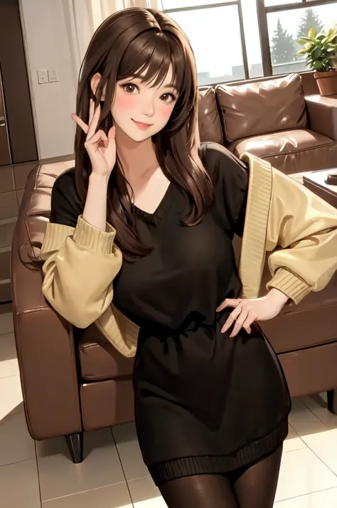 1lady standing, /(oversized sweater/) v-neck, mature female, /(brown hair/) bangs, blush kind smile, (masterpiece best quality:1.2) delicate illustration ultra-detailed, large breasts pantyhose BREAK /(modern house living room/) indoors