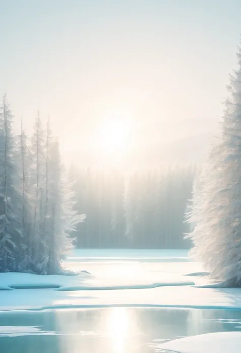 Horizontal line composition,the sun shines over a frozen lake, in the style of light indigo and light beige, trees, light teal and light white, Master photography,32k uhd, cabincore