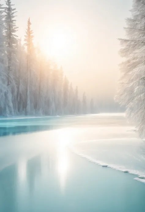 Horizontal line composition,the sun shines over a frozen lake, in the style of light indigo and light beige, trees, light teal and light white, Master photography,32k uhd, cabincore