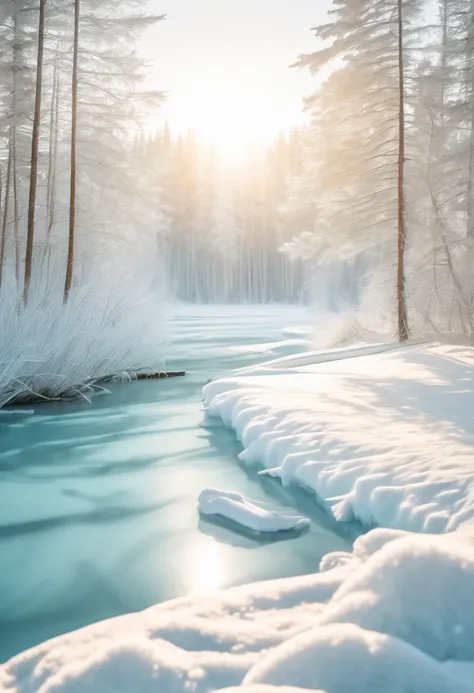 Horizontal line composition,the sun shines over a frozen lake, in the style of light indigo and light beige, trees, light teal and light white, Master photography,32k uhd, cabincore