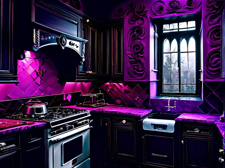 (((stunning extremely detailed illustration of spooky kitchen appliances:1.3))), (((withered rose water bottle graphic interface:1.3))), cute appliances is a true masterpiece, creepy refrigerator, awe stove, pretty toaster, expertly rendered metal and deli...