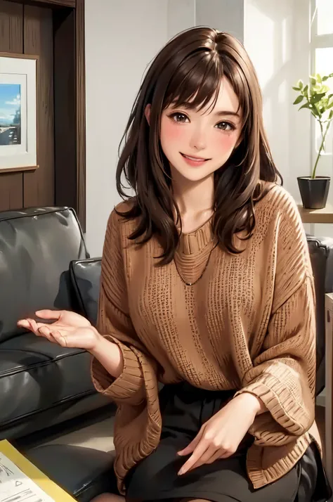 1lady standing, /(oversized sweater/) v-neck, mature female, /(brown hair/) bangs, blush kind smile, (masterpiece best quality:1.2) delicate illustration ultra-detailed, large breasts pantyhose BREAK /(modern house living room/) indoors