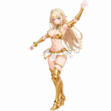 ​masterpiece、top-quality、ighly detailed、hight resolution、１６ｋ、fullnude、teats、Boob proportions、golden armour、Very thin skirt、Black pants、Full body like、Very white skin、Beautiful fingers、Anime girl with very big breasts posing naked、Perfect Style、elvish、no-br...