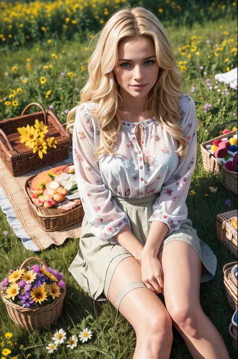 1 gorgeous European blonde woman, aged 23, long wavy hair, she’s a model, sexy pose, flirting with camera, perfect face, perfect eyes, perfects hands, perfect breast, perfect hair, perfect body, perfect feet, (she wears a loose  bohaus pattern blouse and a...