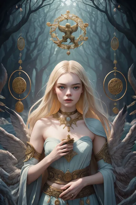 "Imagine an AI-generated artwork that envisions Elle Fanning as a mythical figure from ancient mythology. Picture her immersed in an otherworldly scene, surrounded by elements inspired by myths and legends. Envision Elle Fanning with ethereal qualities, pe...