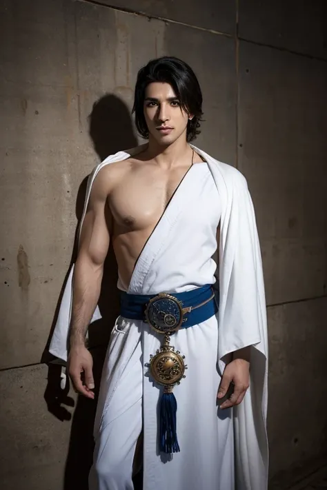 A man in a white robe and a blue belt stands in front of the wall, Handsome Prince of Persia, Steampunk style with oriental face,, Young Greeks,  The portrait is a steampunk theme with a side face.