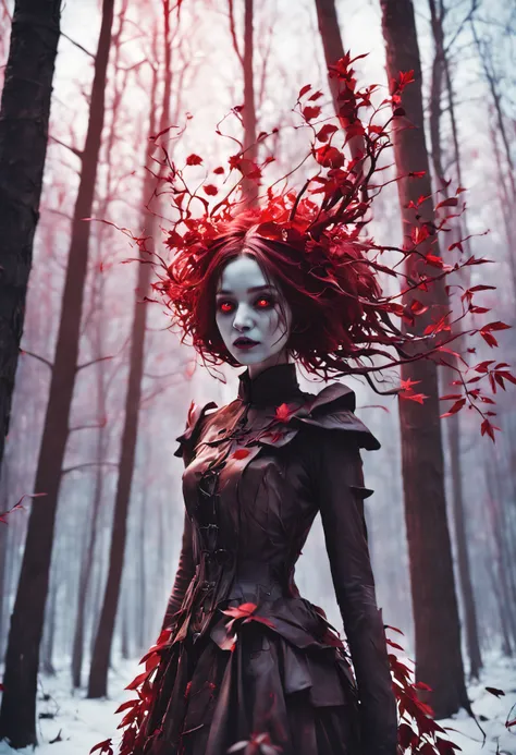 a creepy girl made of dead red plants, in a winter forest at sundown, high saturation,