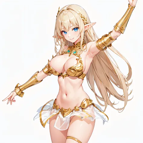 ​masterpiece、top-quality、ighly detailed、hight resolution、１６ｋ、fullnude、teats、Boob proportions、golden armour、Very thin skirt、Black pants、Full body like、Very white skin、Beautiful fingers、Anime girl with very big breasts posing naked、Perfect Style、elvish、no-br...