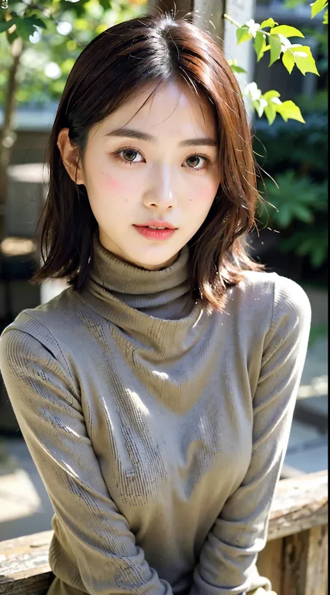 Japan pretty women、1 persons,Super clean and slender、Excellent style  、An ultra-high picture quality、extremely delicate face, Skin and hair、Shorthair、Trailing hair,slightly disheveled hair,light brown hair、((Olive turtleneck sweater dress)),((Chester Court...