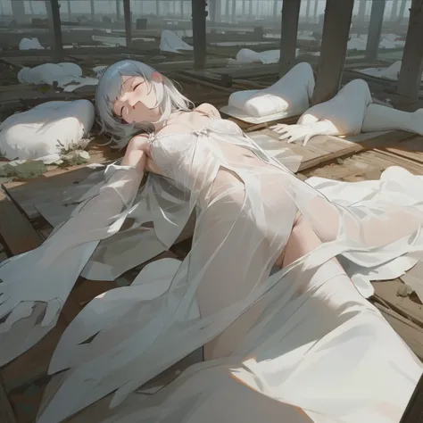 pile of corpses, closed eyes, scenery, perfect anatomy, white lingerie