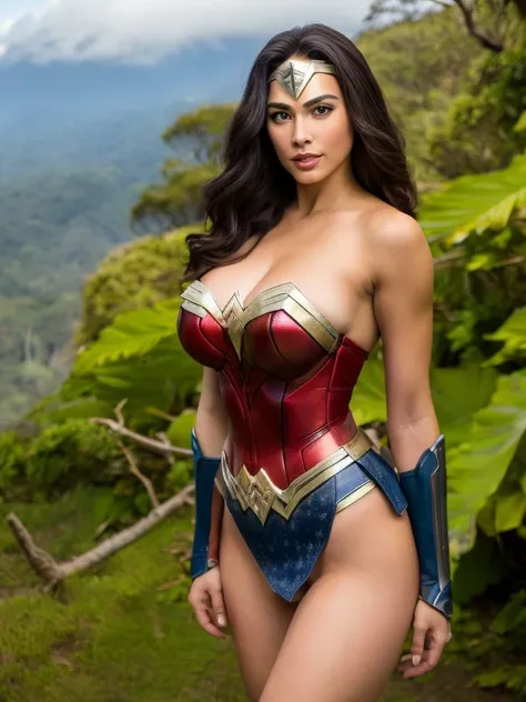 ((nsfw)), 8k, foto RAW, mejor calidad, ultra-high-resolution, fotorrealista, Capitana Marvel Hay una hermosa mujer Wonder Woman con una tang en topless, rtanga ojo y zul brillante como el oro y la plata, piernas hermosas, disparo gran angular, mejor calida...