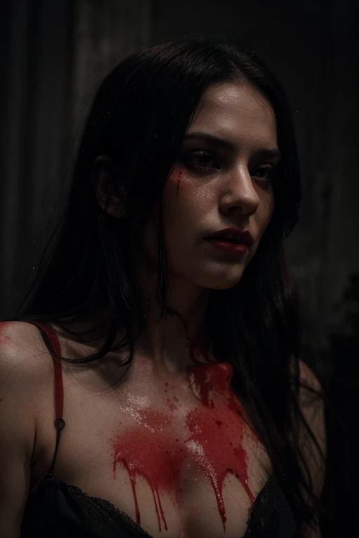 (best quality,4k,8k,highres,masterpiece:1.2),ultra-detailed,(realistic,photorealistic,photo-realistic:1.37),bloodcrazed vampire,long black hair,red blooded dress,pale face,sucking a human,sharp fangs,intense eyes,intimidating presence,dark and eerie atmosp...