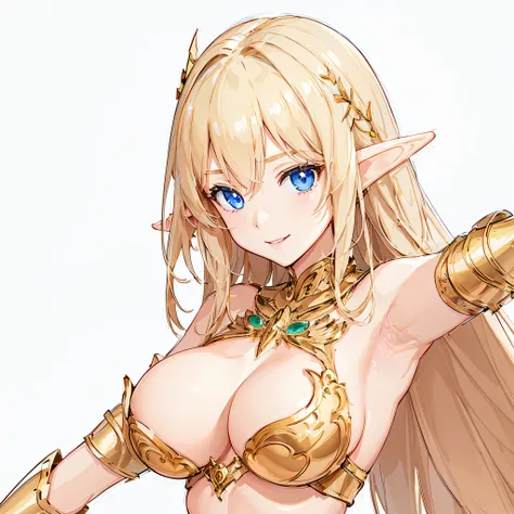 ​masterpiece、top-quality、ighly detailed、hight resolution、１６ｋ、fullnude、teats、Boob proportions、golden armour、Very thin skirt、Black pants、Full body like、Very white skin、Beautiful fingers、Anime girl with very big breasts posing naked、Perfect Style、elvish、no-br...