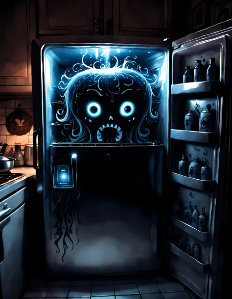 Cute Cartoon, CuteCartoonAF, (cute cartoon style:1.3), (front view:1.3), (close up:1.3), a cursed refrigerator that holds dark and mysterious secrets, an atmosphere of suspense and intrigue in an eerie and dimly lit kitchen, the refrigerator is covered wit...