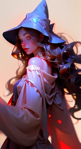 A fairy witch, wearing  translucent loose silk robe exposing skin with sleeves off shoulder draped on arms, pounded ears , black hat with wide rim, gorgeous, perfect face, curvy athletic body, long flowing wavy hair, in a magical place filled with magic in...