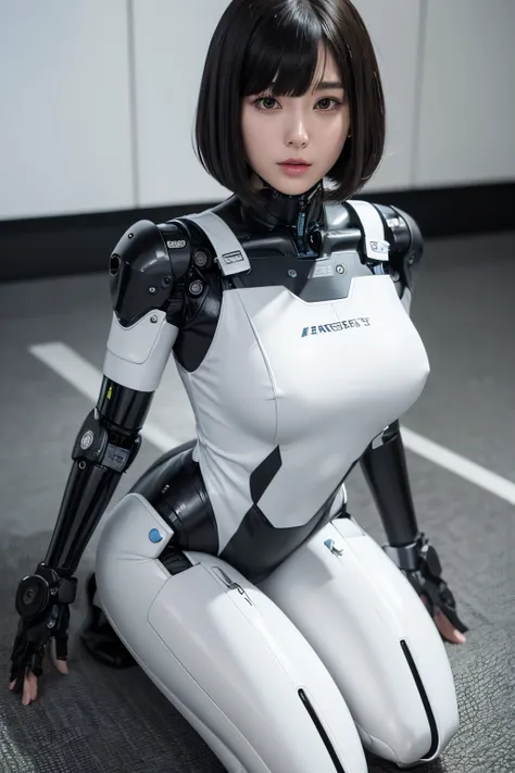 (RAW photo) (8K, 4K, Best Quality, hight resolution, 超A high resolution:1.1), (masutepiece, Realistic, Photorealsitic:1.1), 1girl in, Japaese Cyborg Girl ,Plump , White boots,announcer,control panels,android,Droid,Mechanical Hand, ,clothes with a sense of ...